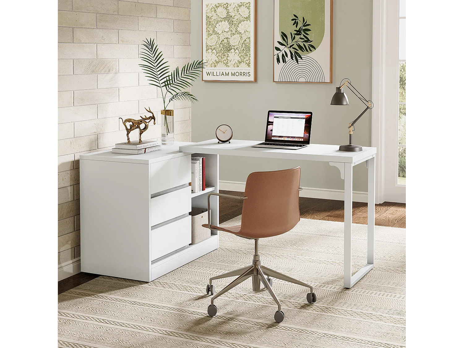 Bureau d'ordinateur en L avec tiroirs et étagères, bureau d'angle blanc réversible