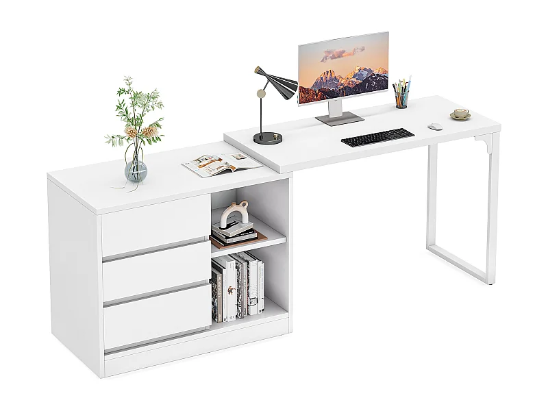 Escritorio de oficina en forma de L con cajones y estanterías, escritorio de esquina blanco reversible