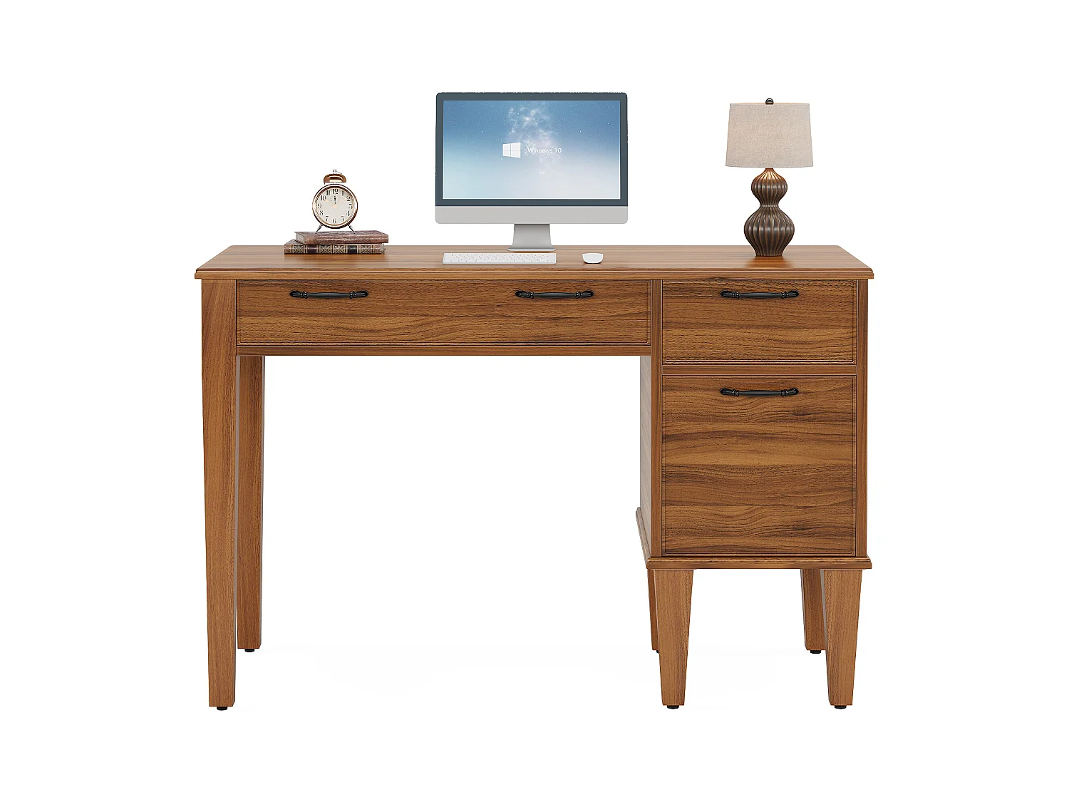 Bureau d'ordinateur en bois avec 3 tiroirs, petit bureau de style campagnard avec tiroirs classeurs
