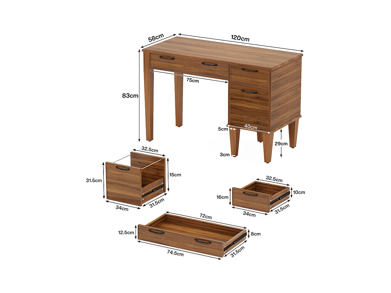 Bureau d'ordinateur en bois avec 3 tiroirs, petit bureau de style campagnard avec tiroirs classeurs