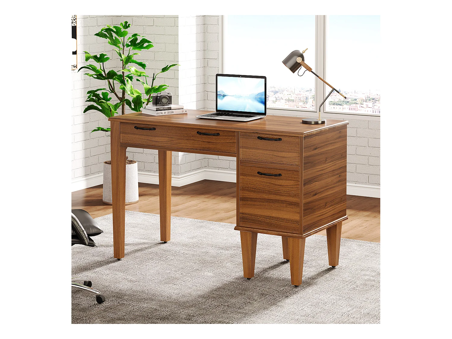 Bureau d'ordinateur en bois avec 3 tiroirs, petit bureau de style campagnard avec tiroirs classeurs