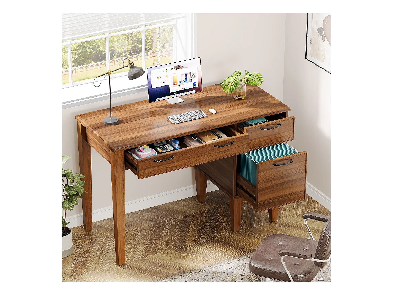 Bureau d'ordinateur en bois avec 3 tiroirs, petit bureau de style campagnard avec tiroirs classeurs
