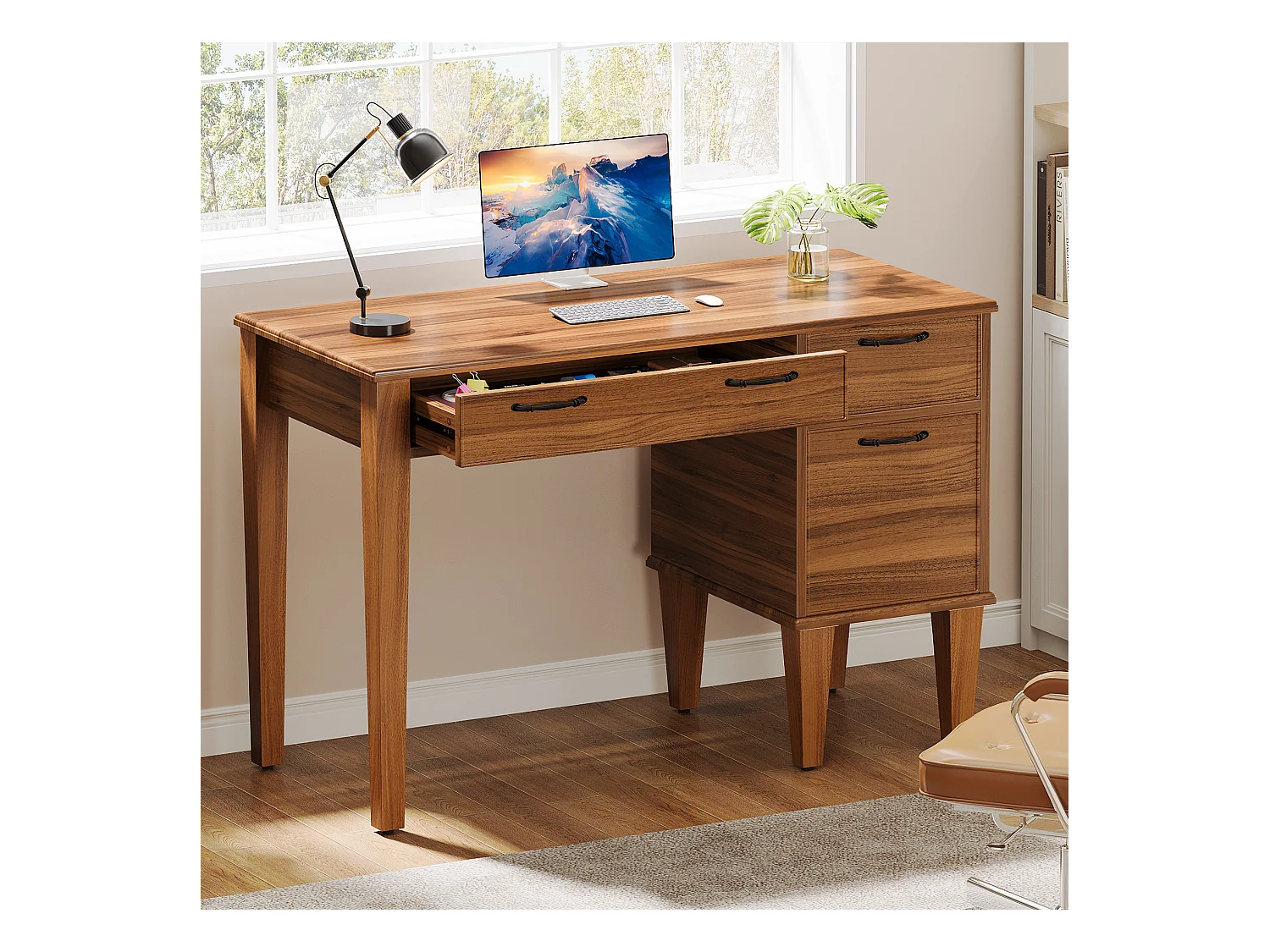 Bureau d'ordinateur en bois avec 3 tiroirs, petit bureau de style campagnard avec tiroirs classeurs