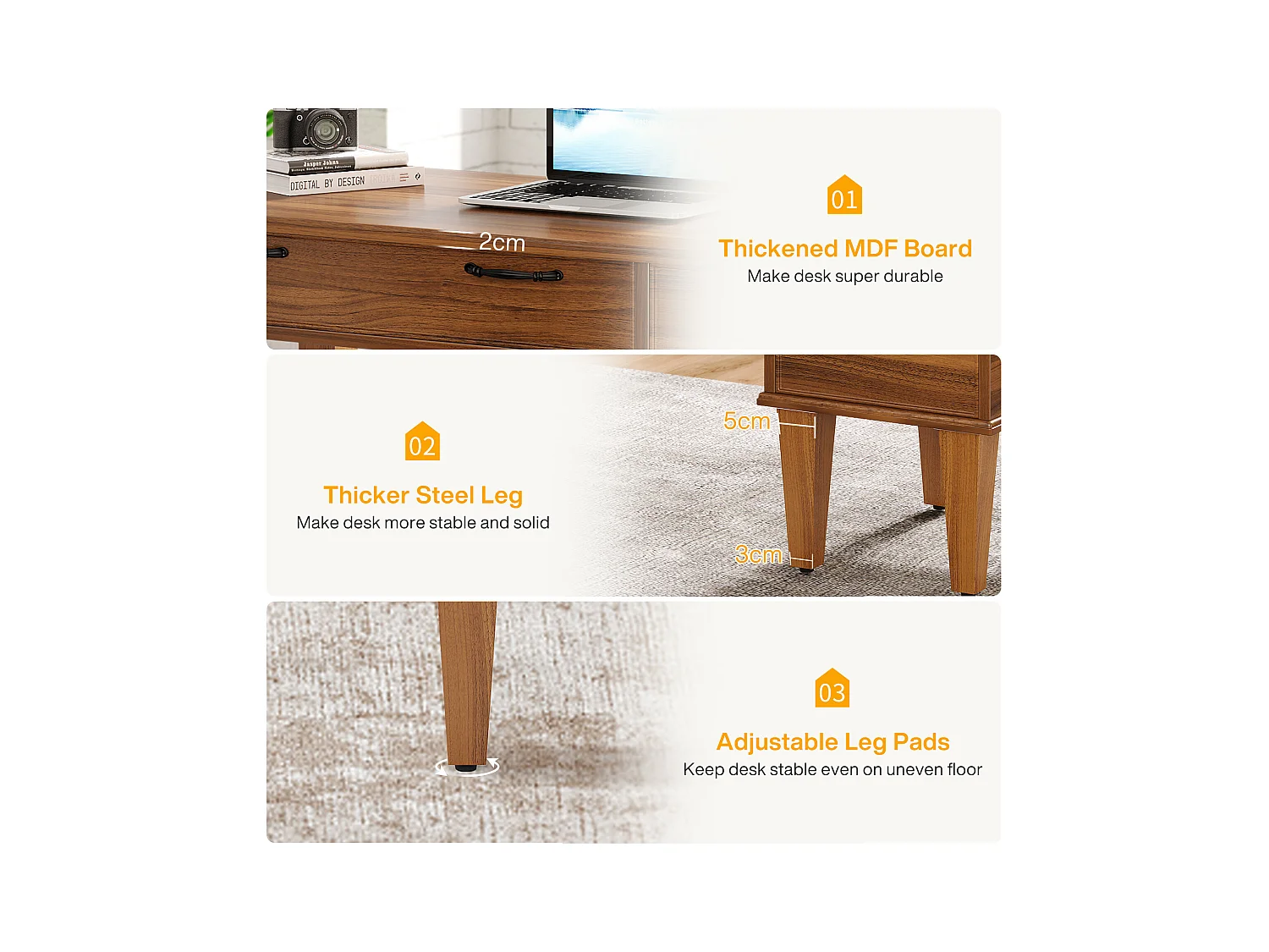 Bureau d'ordinateur en bois avec 3 tiroirs, petit bureau de style campagnard avec tiroirs classeurs