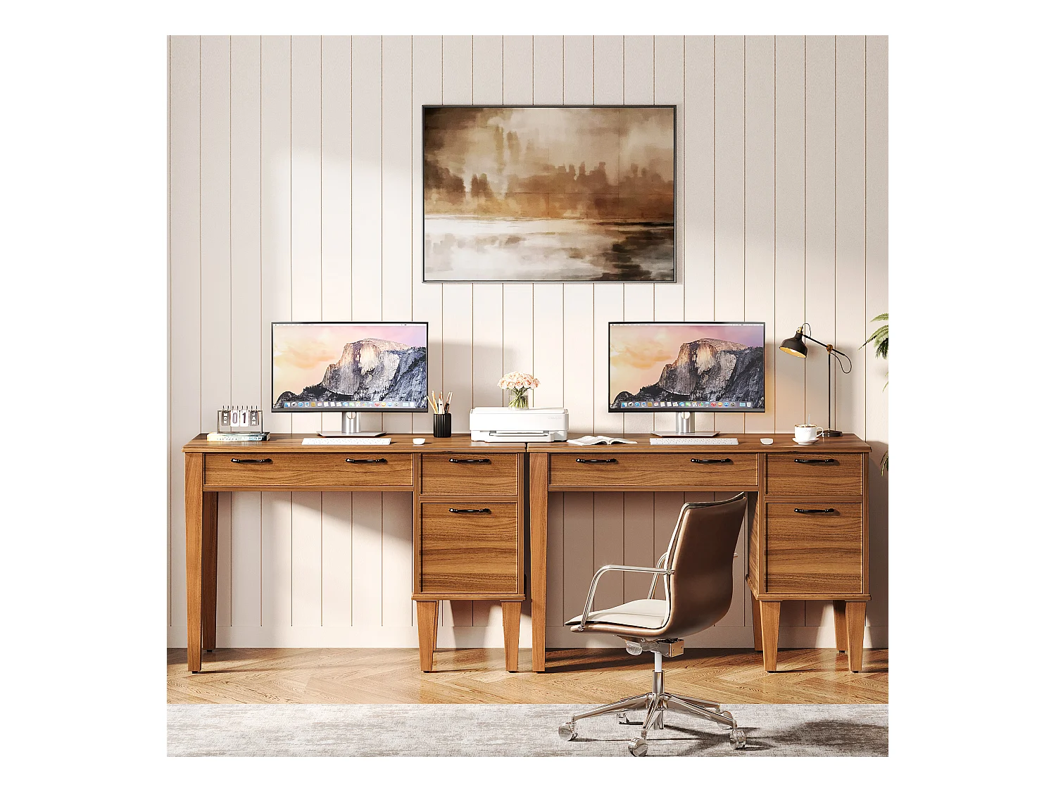 Bureau d'ordinateur en bois avec 3 tiroirs, petit bureau de style campagnard avec tiroirs classeurs
