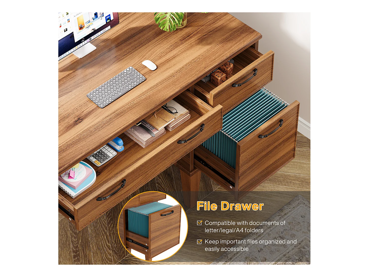 Bureau d'ordinateur en bois avec 3 tiroirs, petit bureau de style campagnard avec tiroirs classeurs