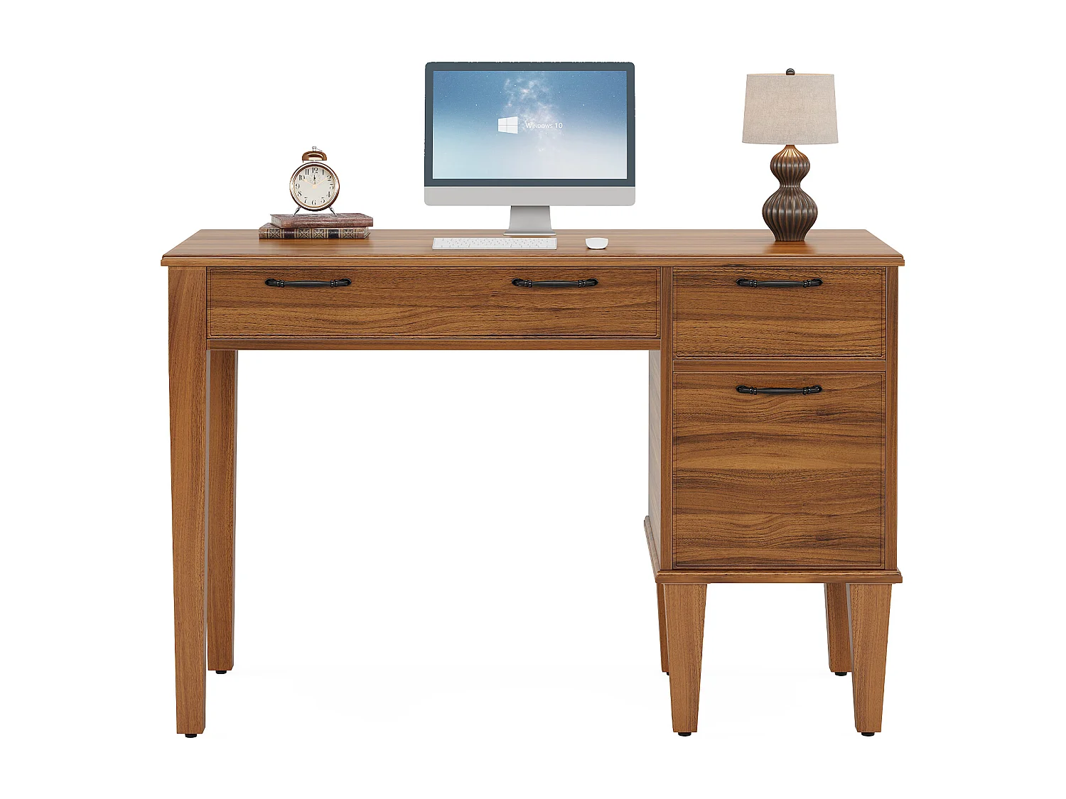 Bureau d'ordinateur en bois avec 3 tiroirs, petit bureau de style campagnard avec tiroirs classeurs