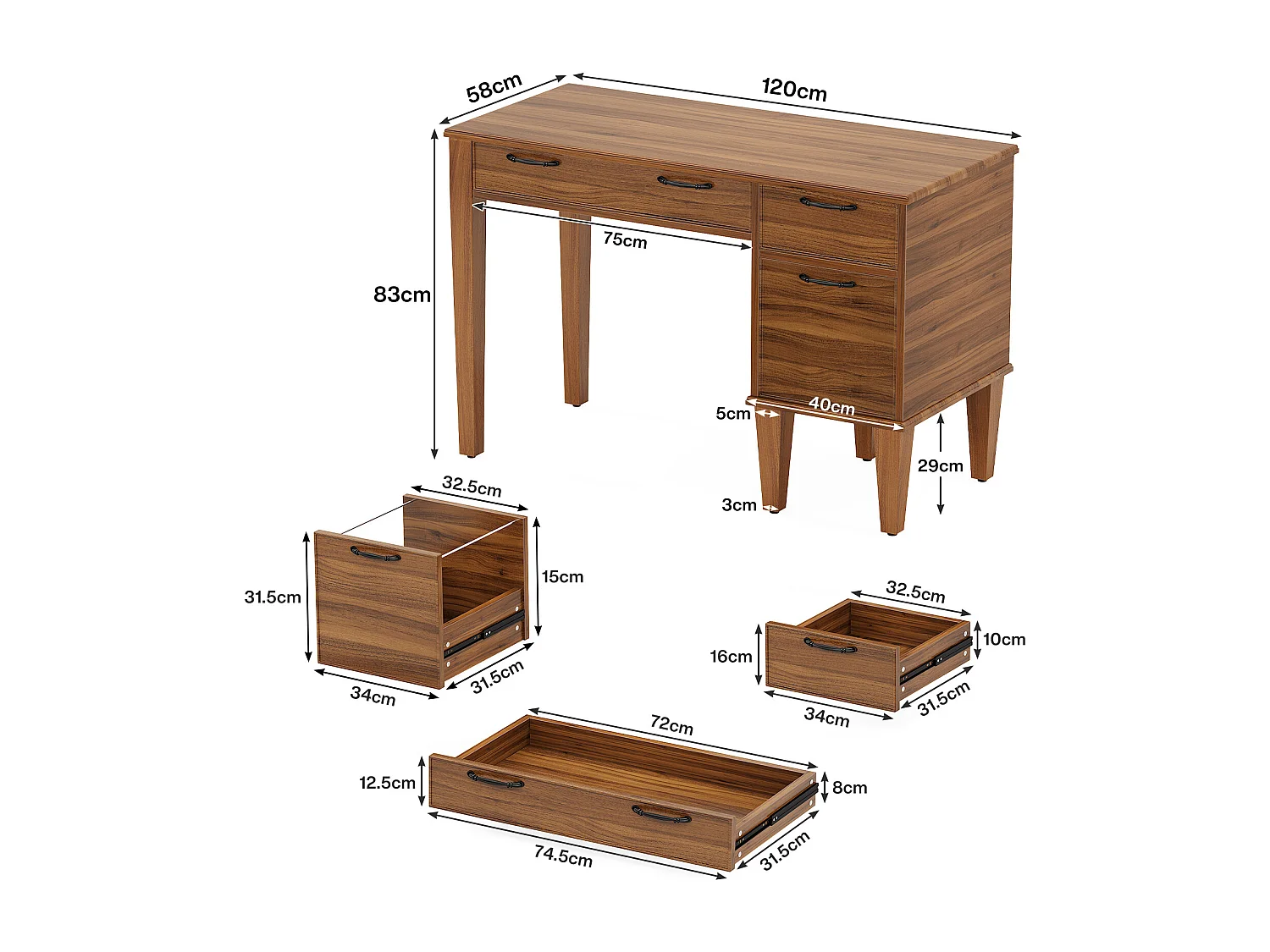 Bureau d'ordinateur en bois avec 3 tiroirs, petit bureau de style campagnard avec tiroirs classeurs