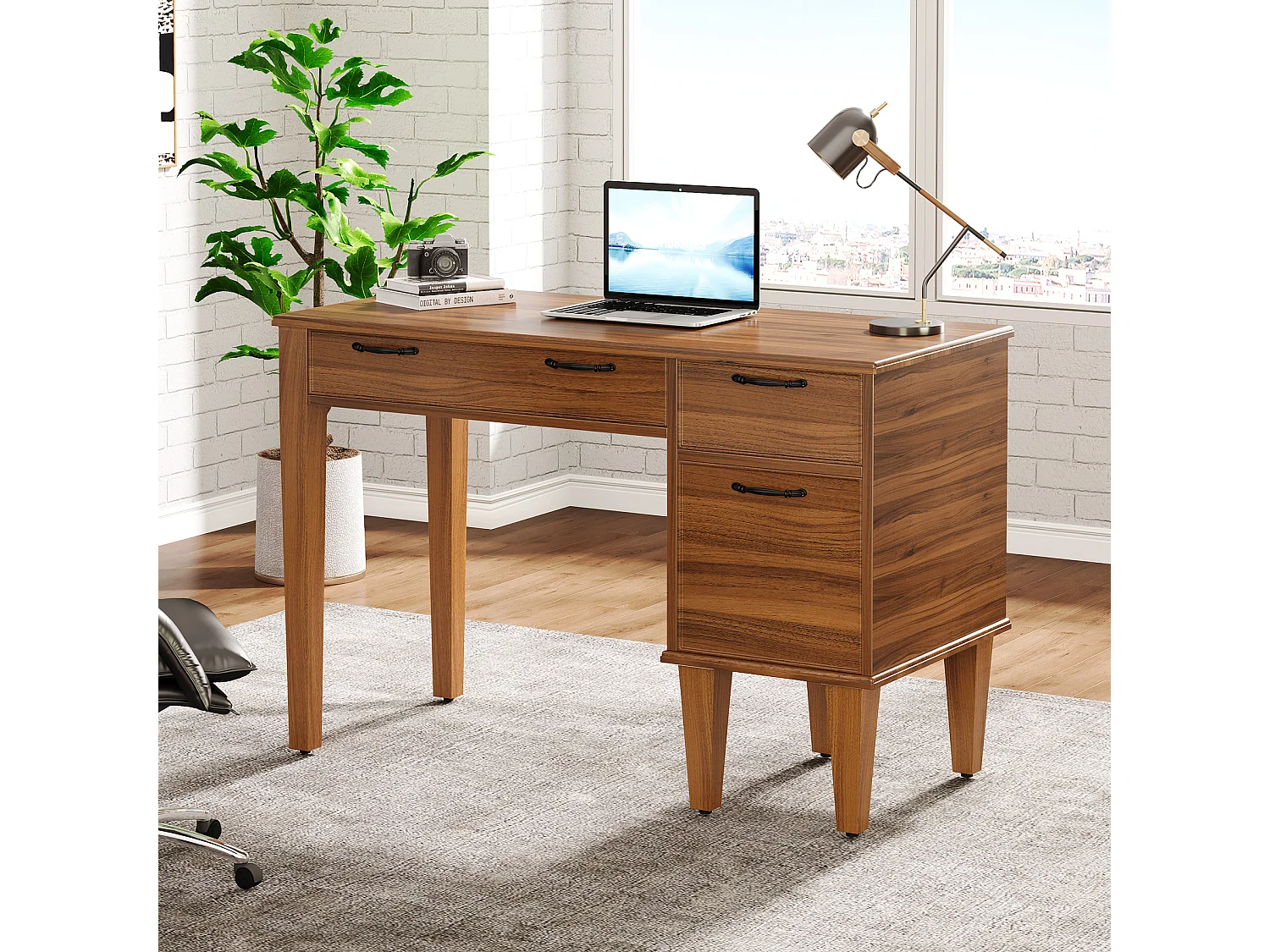 Bureau d'ordinateur en bois avec 3 tiroirs, petit bureau de style campagnard avec tiroirs classeurs