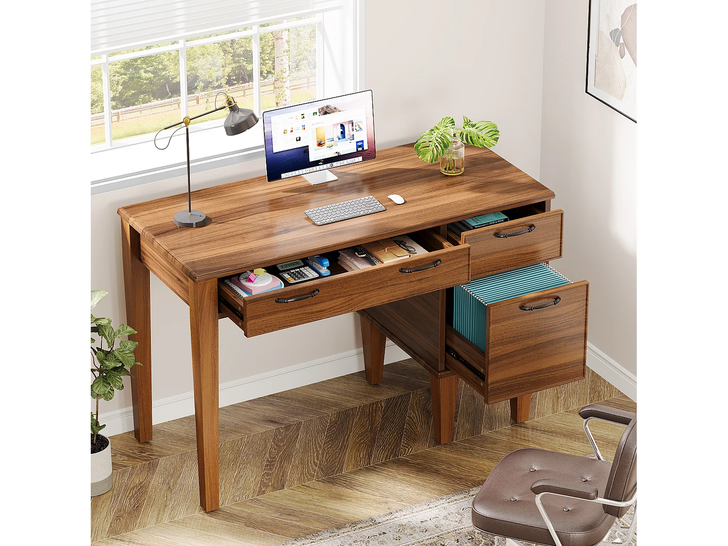 Bureau d'ordinateur en bois avec 3 tiroirs, petit bureau de style campagnard avec tiroirs classeurs