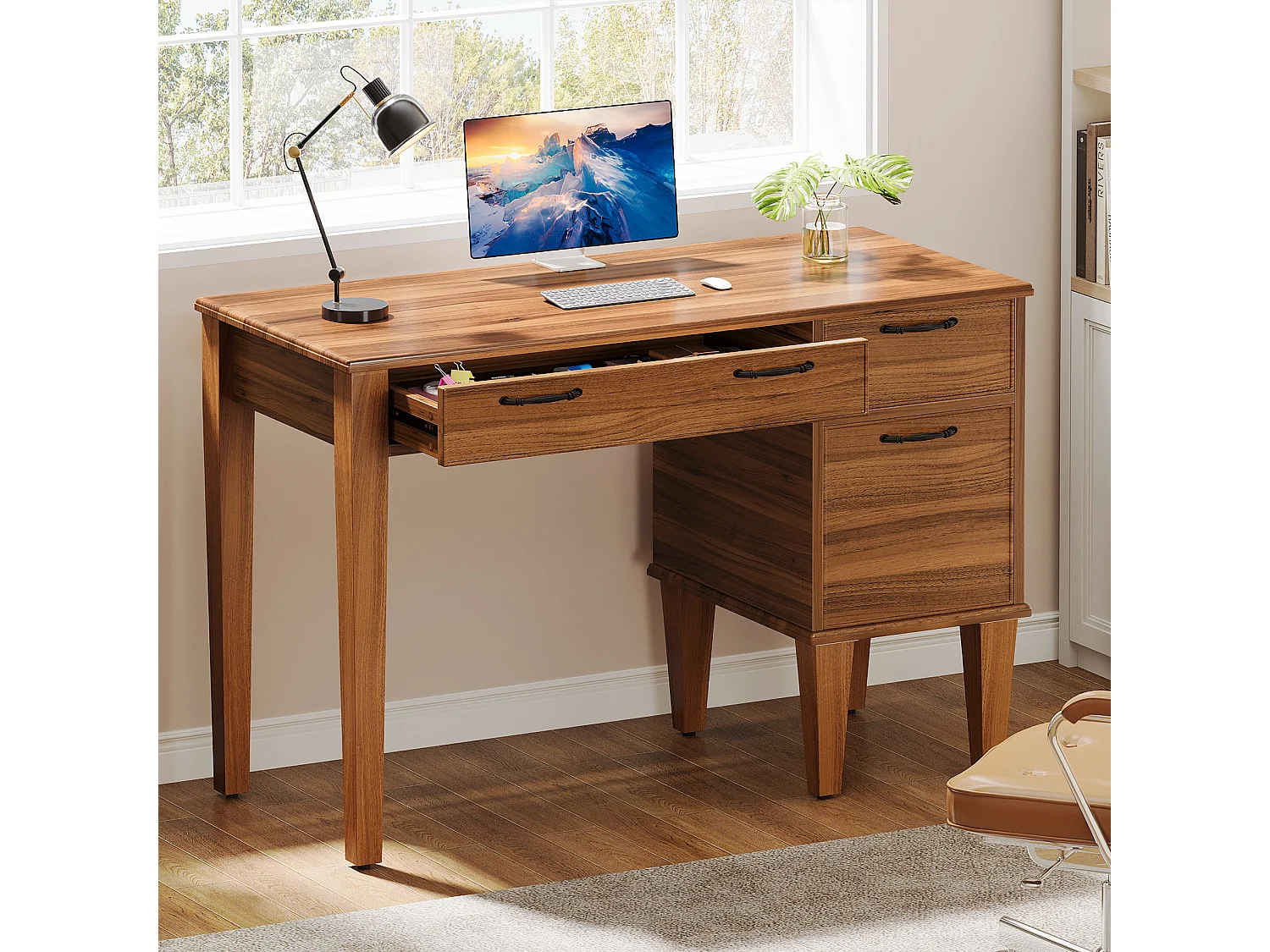 Bureau d'ordinateur en bois avec 3 tiroirs, petit bureau de style campagnard avec tiroirs classeurs