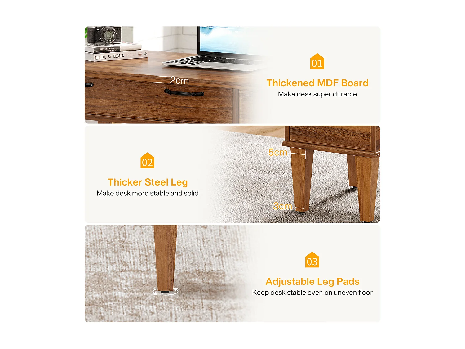 Bureau d'ordinateur en bois avec 3 tiroirs, petit bureau de style campagnard avec tiroirs classeurs