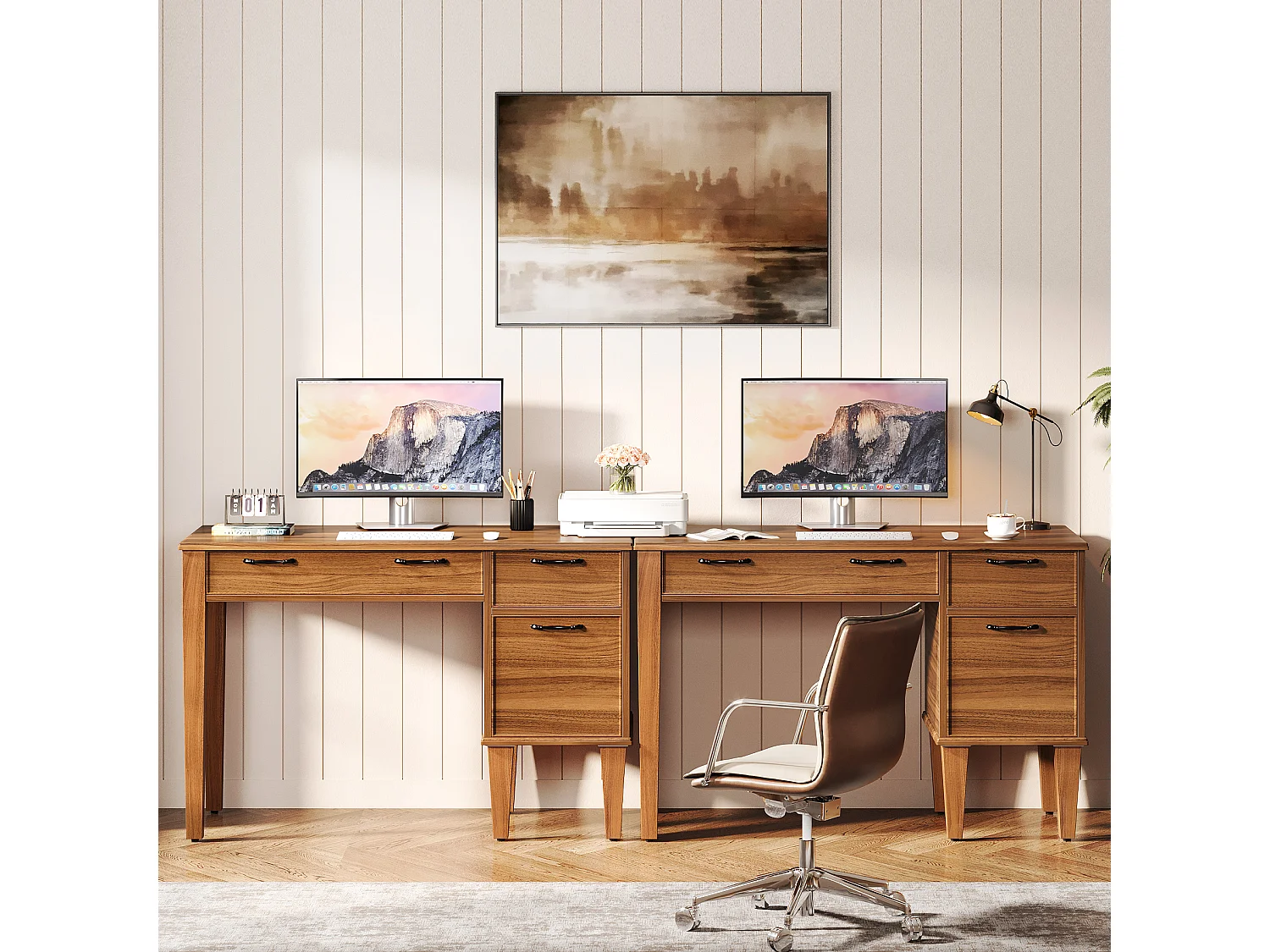 Bureau d'ordinateur en bois avec 3 tiroirs, petit bureau de style campagnard avec tiroirs classeurs