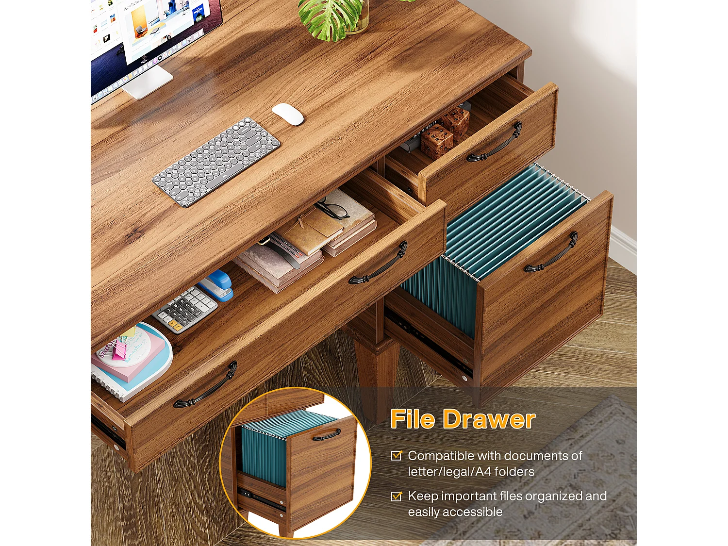 Bureau d'ordinateur en bois avec 3 tiroirs, petit bureau de style campagnard avec tiroirs classeurs