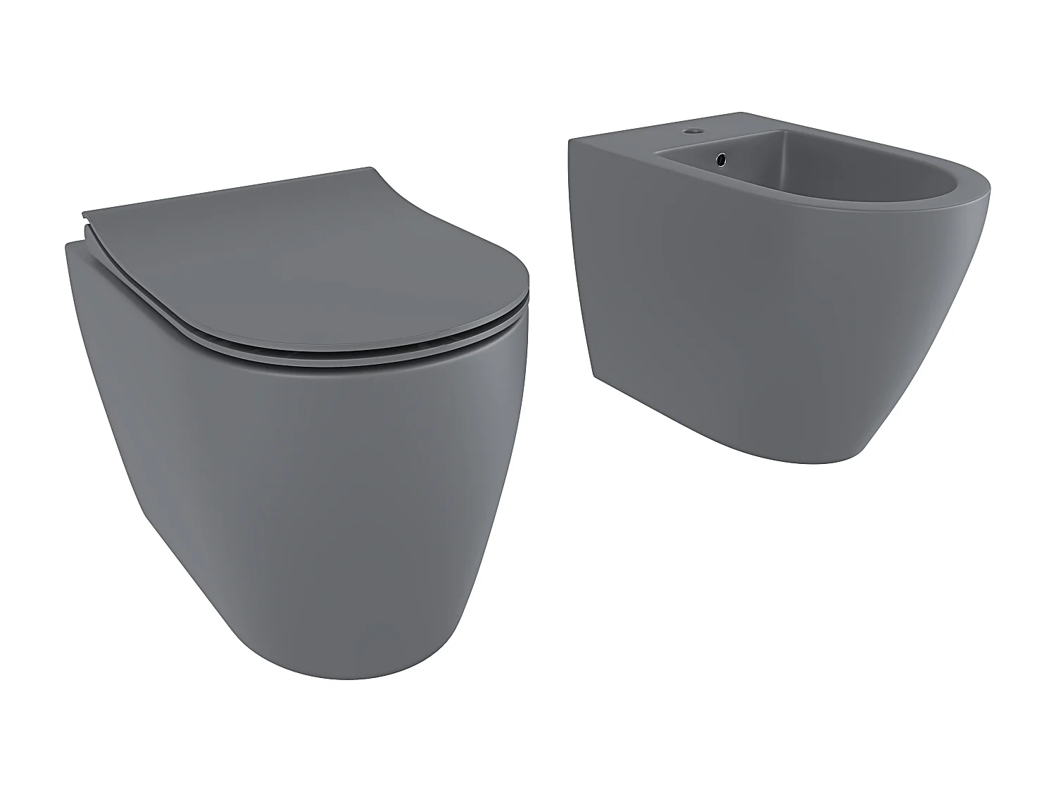 Coppia Sanitari Filomuro Filo Muro Filo Parete Vaso WC E Bidet Design Moderno In Ceramica Con Copriwater Chiusura Soft Close Chiusura Rallentata Colore Grigio Opaco
