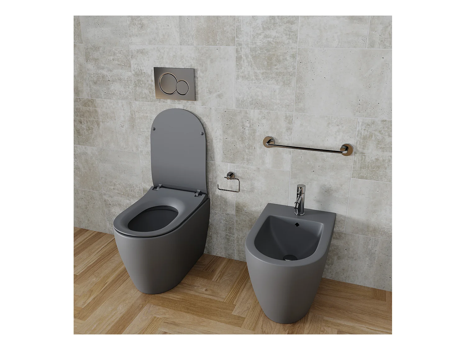 Coppia Sanitari Filomuro Filo Muro Filo Parete Vaso WC E Bidet Design Moderno In Ceramica Con Copriwater Chiusura Soft Close Chiusura Rallentata Colore Grigio Opaco