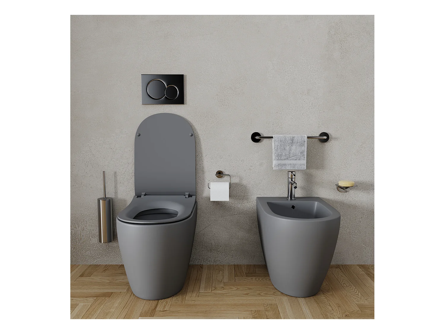 Coppia Sanitari Filomuro Filo Muro Filo Parete Vaso WC E Bidet Design Moderno In Ceramica Con Copriwater Chiusura Soft Close Chiusura Rallentata Colore Grigio Opaco
