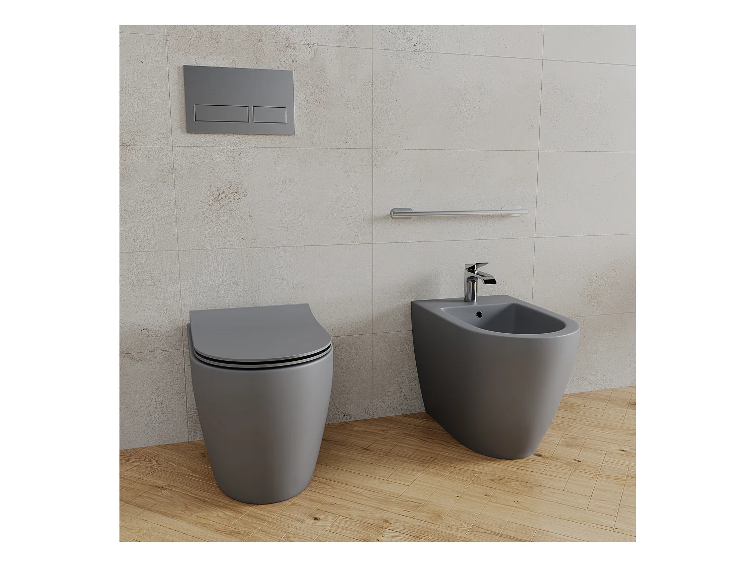 Coppia Sanitari Filomuro Filo Muro Filo Parete Vaso WC E Bidet Design Moderno In Ceramica Con Copriwater Chiusura Soft Close Chiusura Rallentata Colore Grigio Opaco