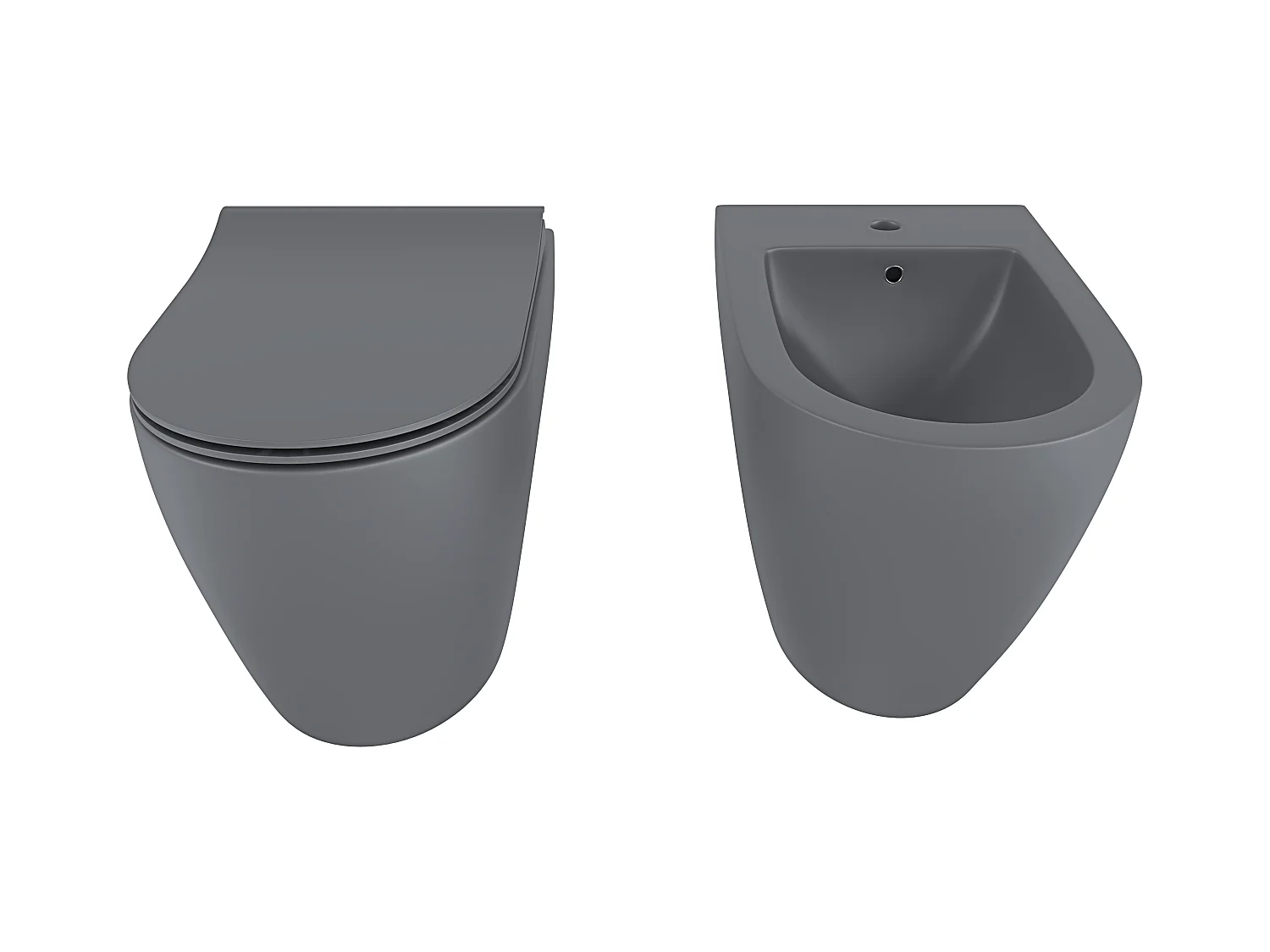 Coppia Sanitari Filomuro Filo Muro Filo Parete Vaso WC E Bidet Design Moderno In Ceramica Con Copriwater Chiusura Soft Close Chiusura Rallentata Colore Grigio Opaco