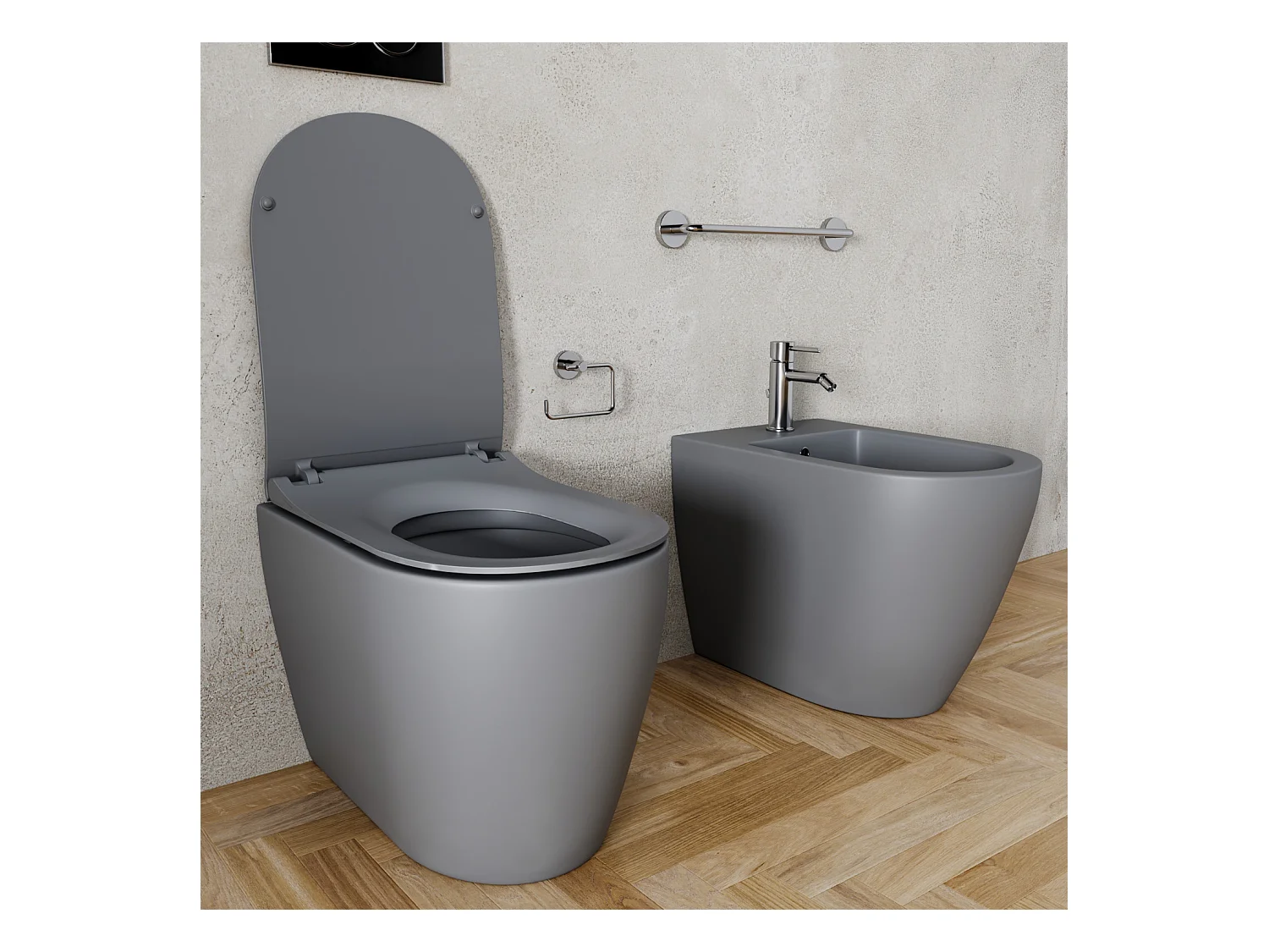 Coppia Sanitari Filomuro Filo Muro Filo Parete Vaso WC E Bidet Design Moderno In Ceramica Con Copriwater Chiusura Soft Close Chiusura Rallentata Colore Grigio Opaco