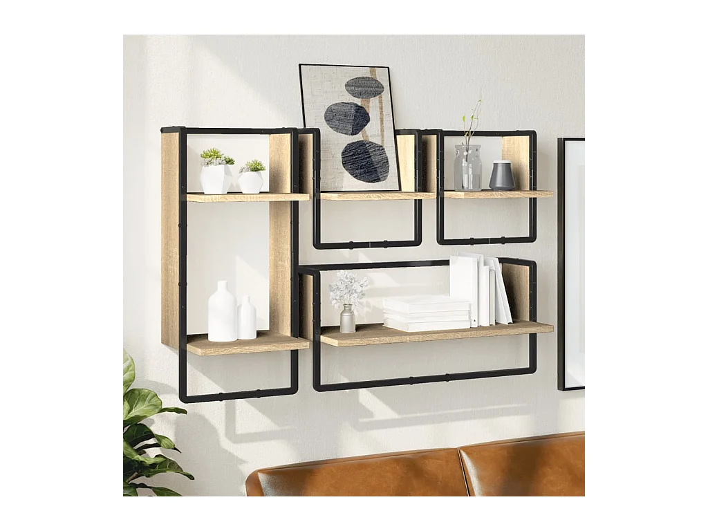 Set di 4 mensole da parete con barre, rovere Sonoma