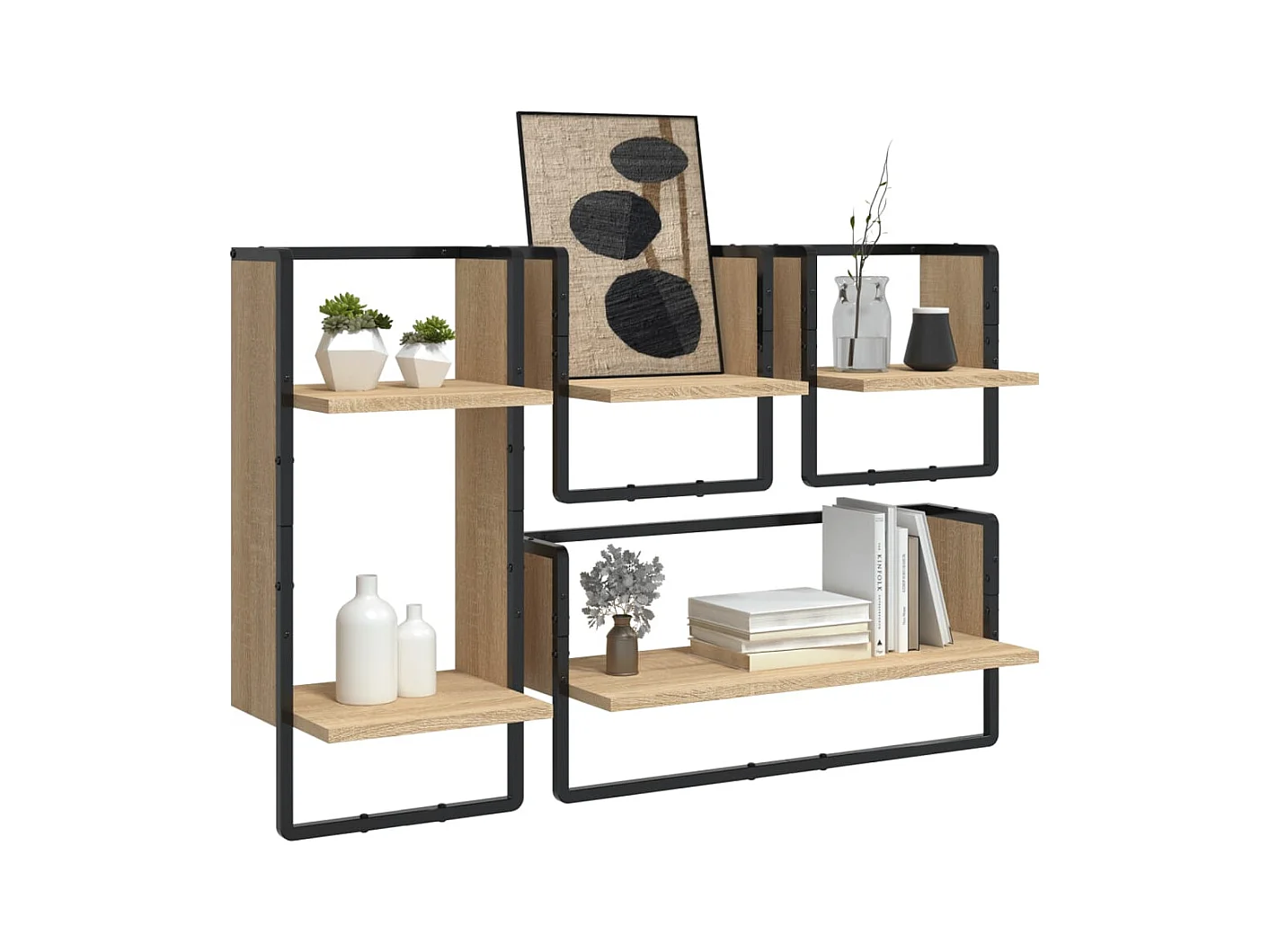 Set di 4 mensole da parete con barre, rovere Sonoma