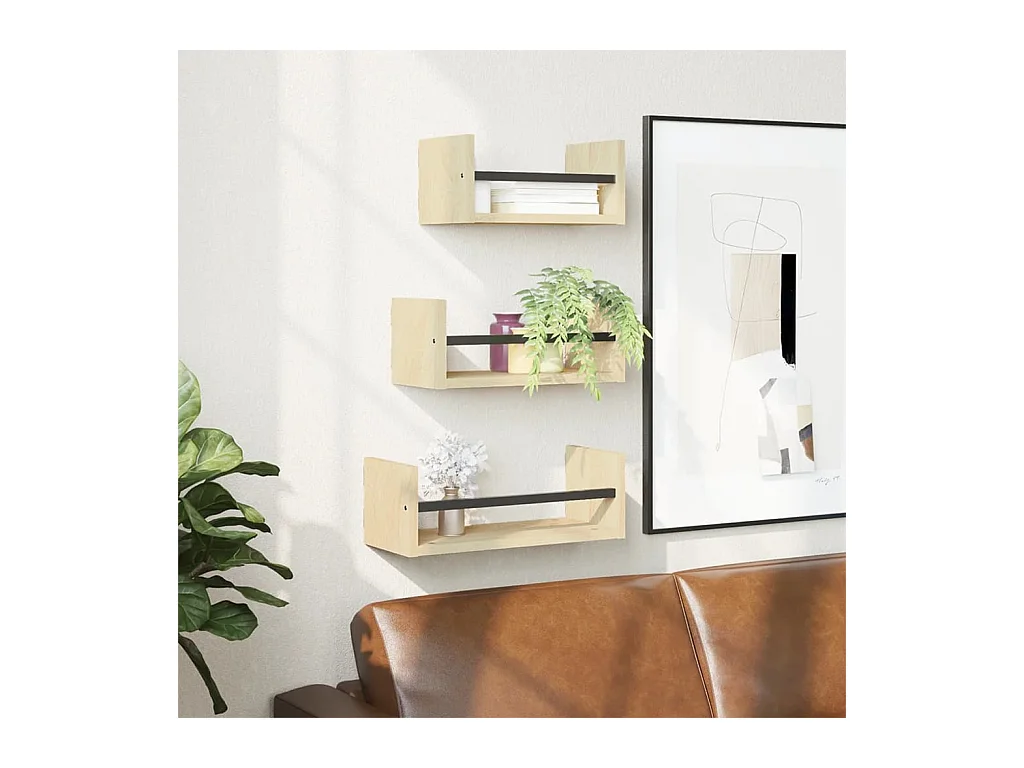 3-delige wandplankenset met stangen, Sonoma eiken