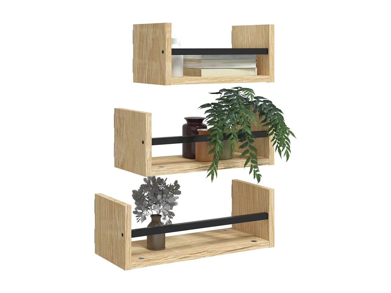 Set di mensole da parete da 3 pezzi con barre, rovere Sonoma