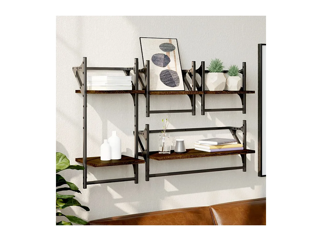 Set di 4 mensole da parete con barre, rovere marrone