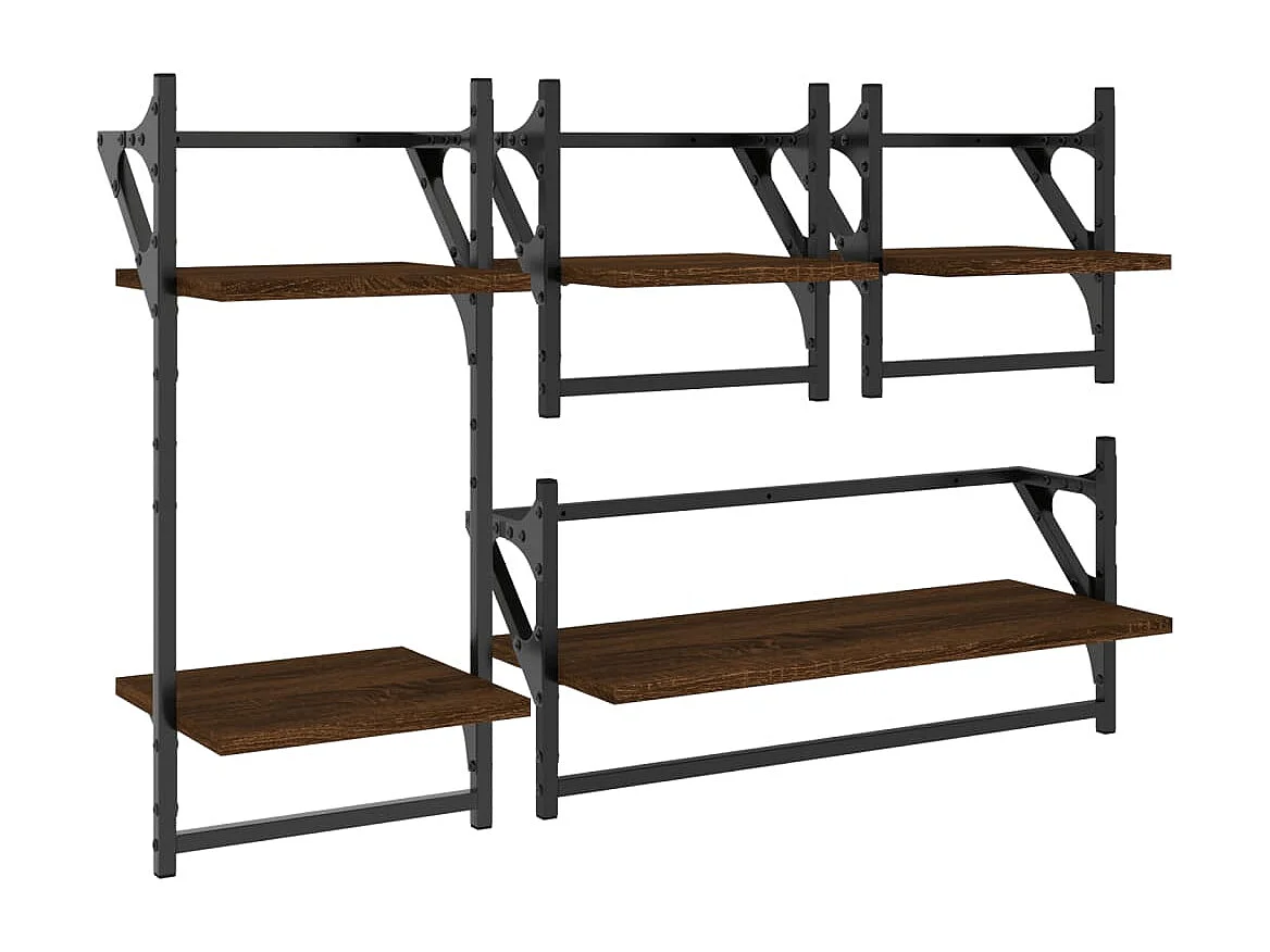 Set di 4 mensole da parete con barre, rovere marrone