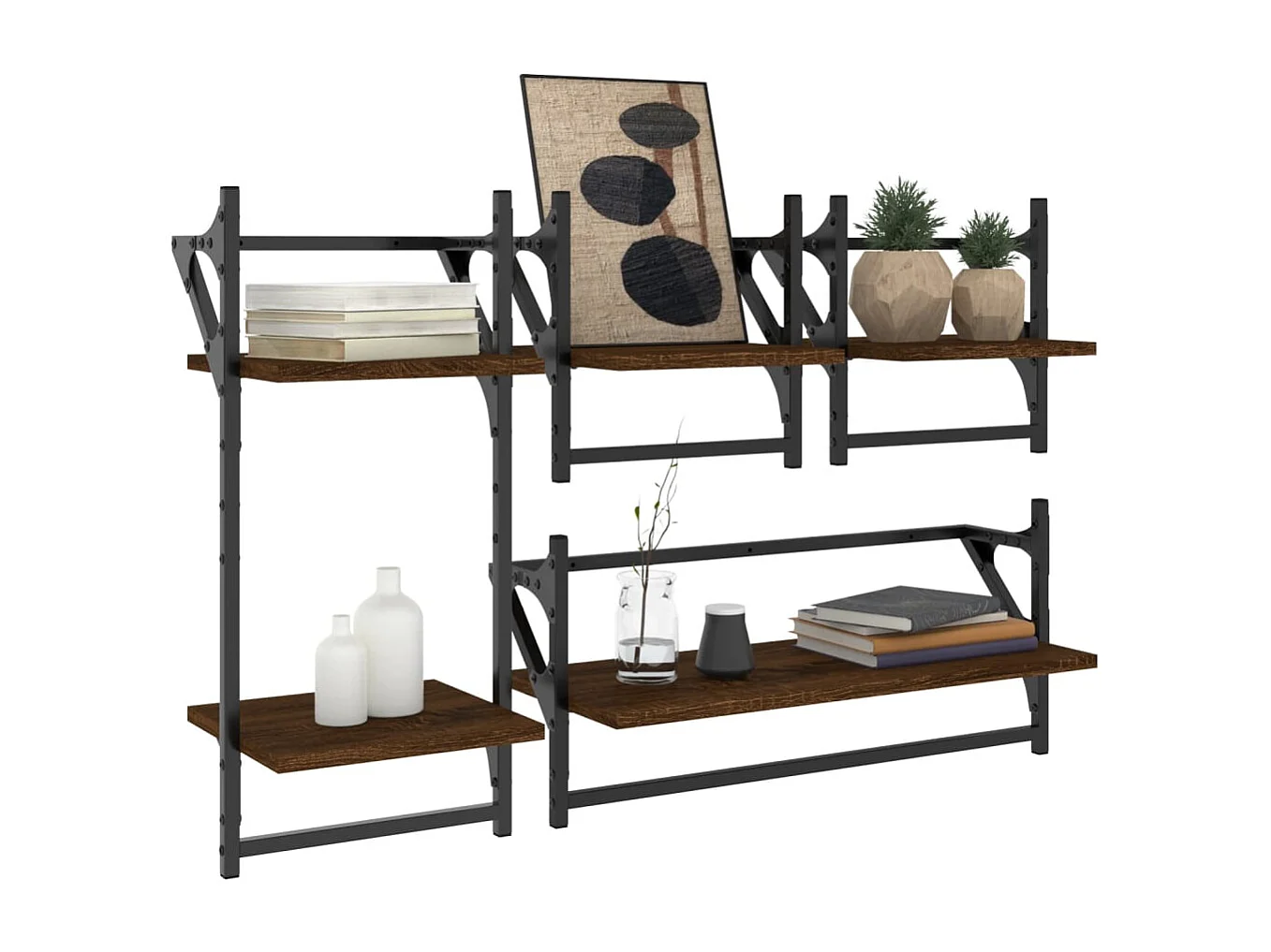 Set di 4 mensole da parete con barre, rovere marrone