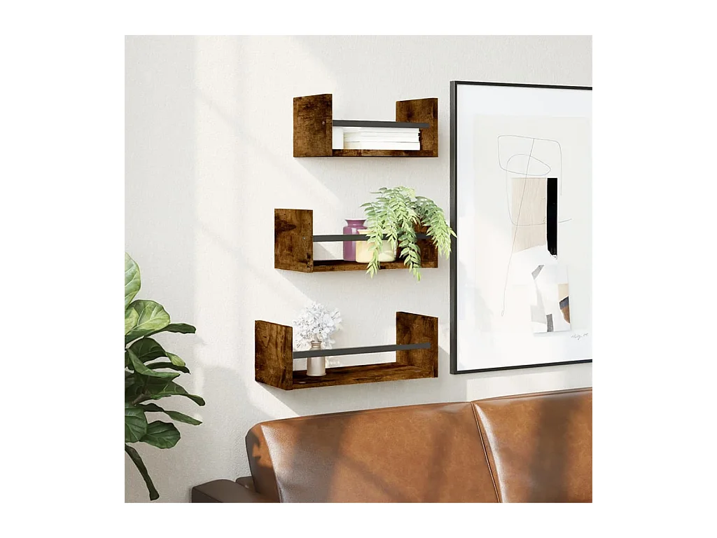 Wandplankenset met stangen 3 stuks gerookt eiken