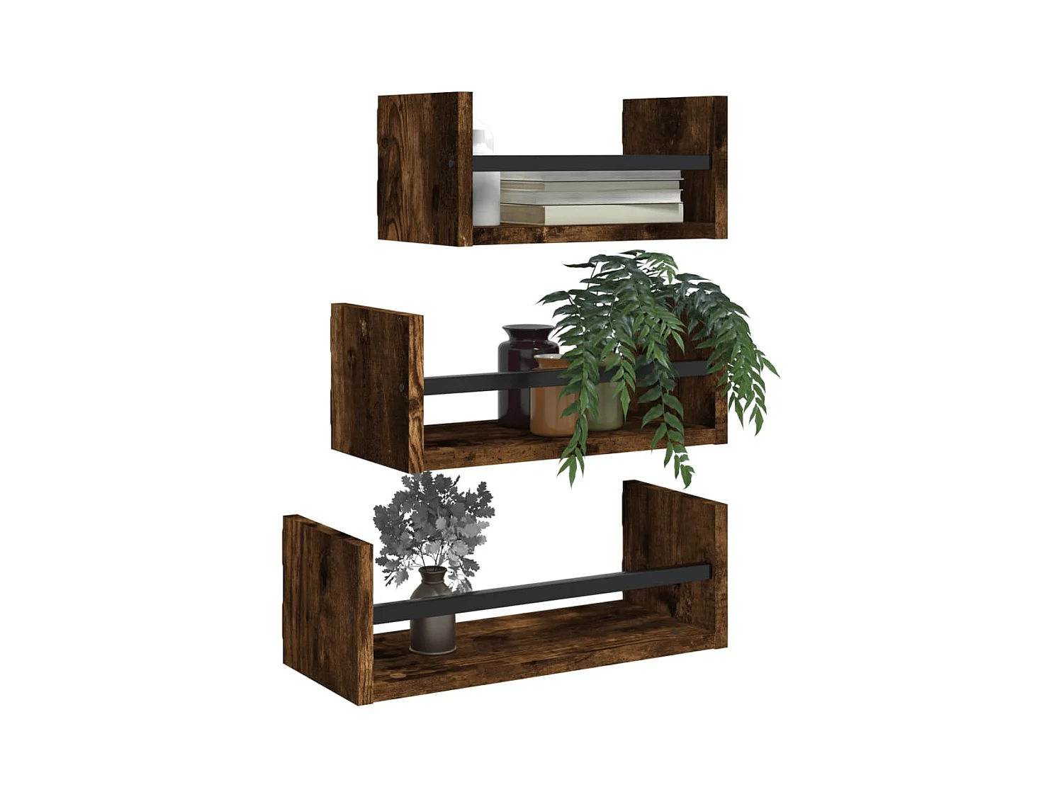 Wandplankenset met stangen 3 stuks gerookt eiken