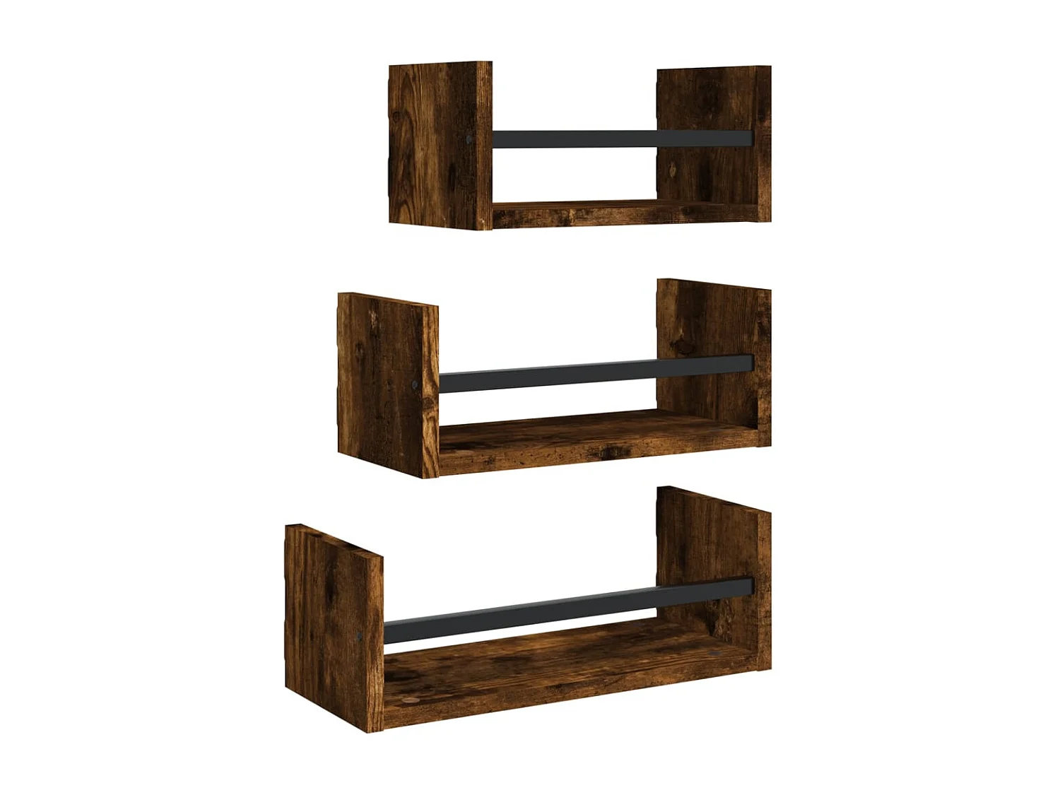 Set di mensole da parete con barre 3 pezzi rovere affumicato