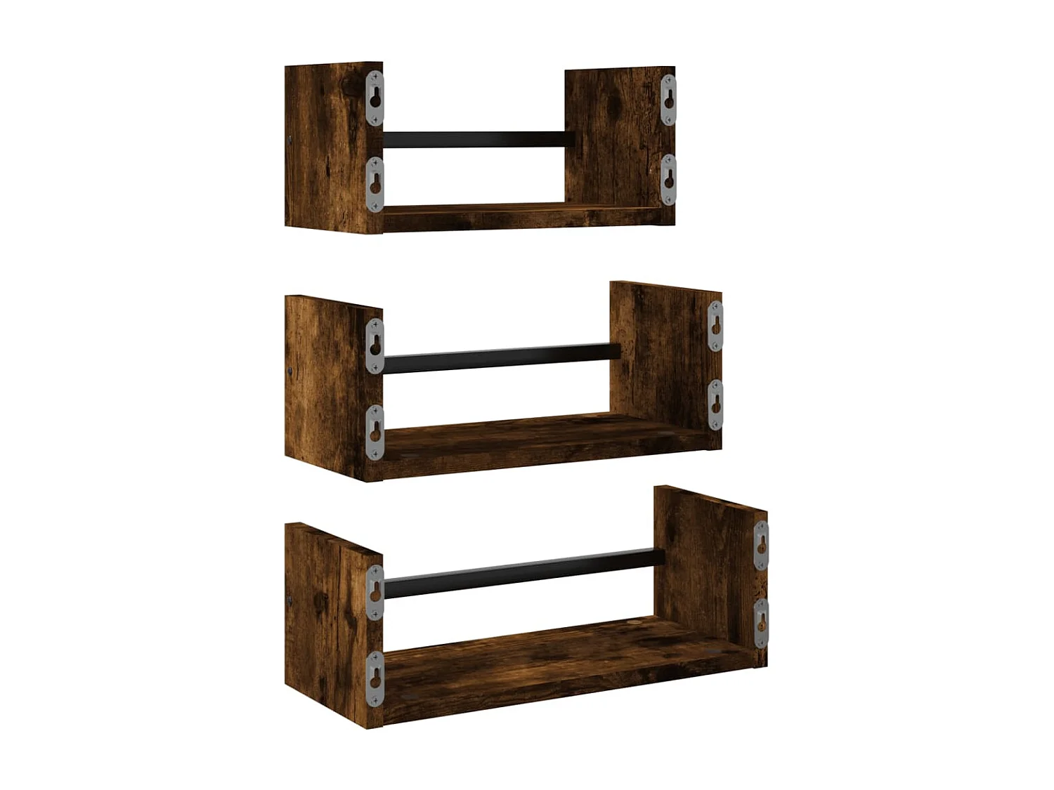 Set di mensole da parete con barre 3 pezzi rovere affumicato