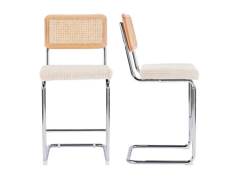 Lot de 2 tabourets de bar en cannage et velours côtelé beige - Muse
