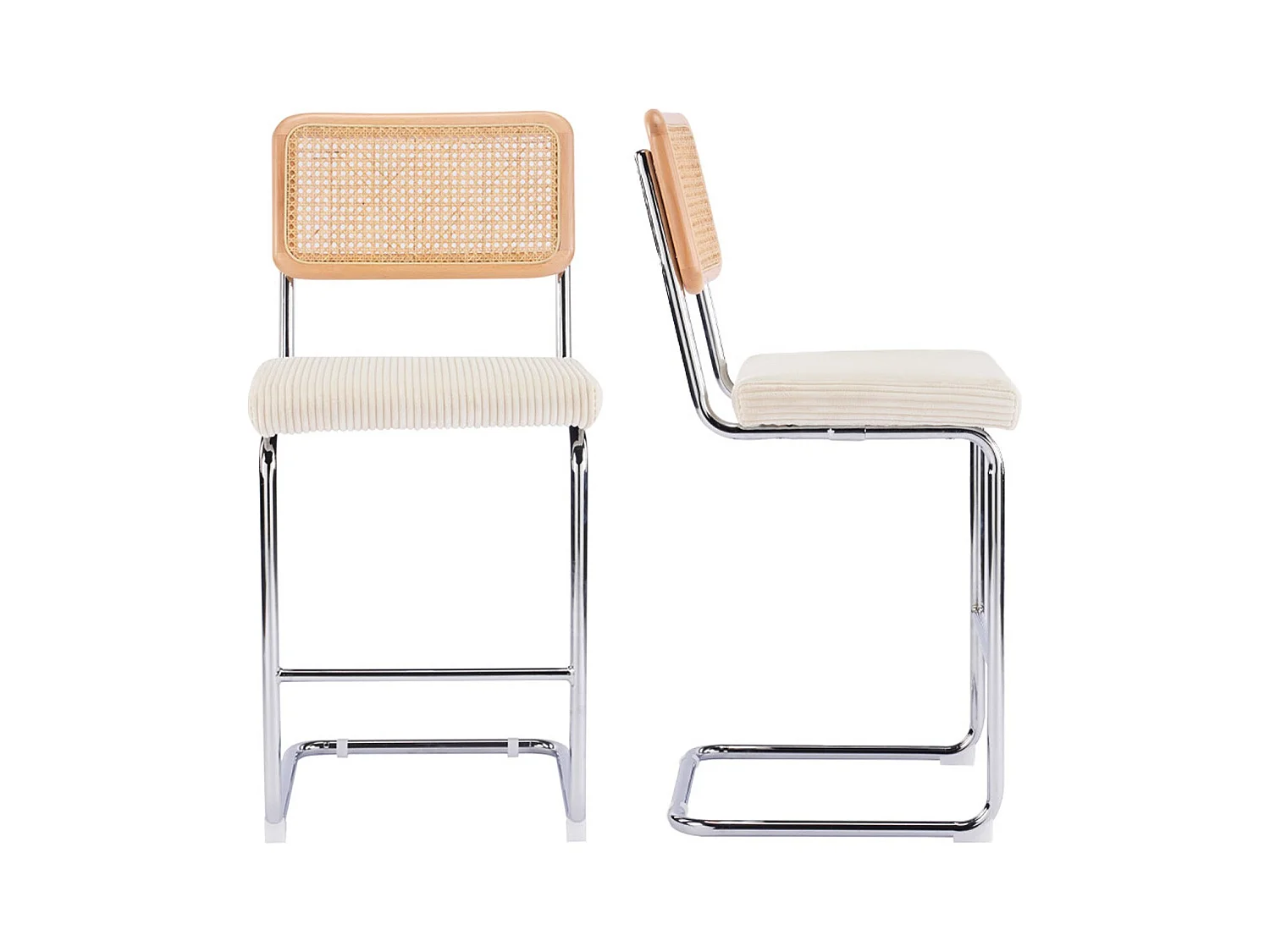 Lot de 2 tabourets de bar en cannage et velours côtelé beige - Muse