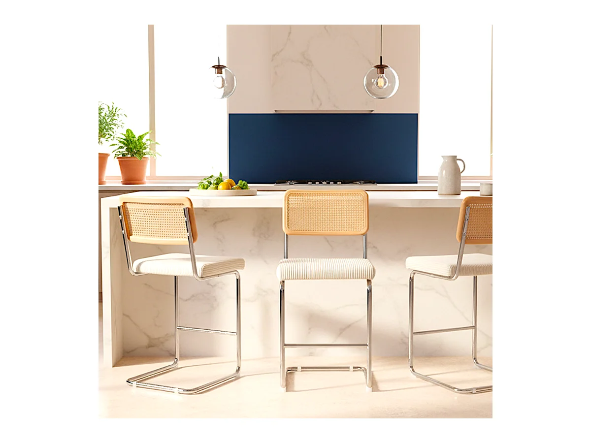 Lot de 2 tabourets de bar en cannage et velours côtelé beige - Muse