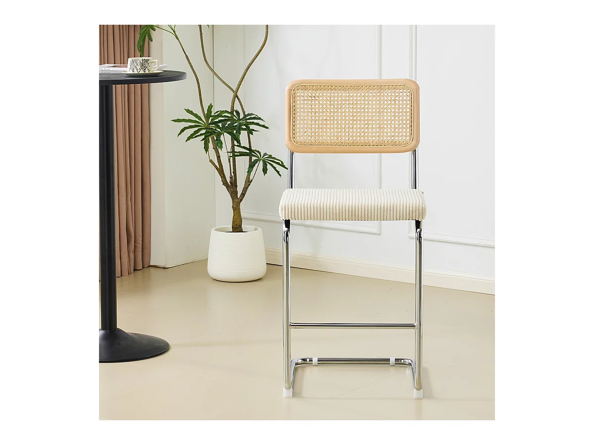 Lot de 2 tabourets de bar en cannage et velours côtelé beige - Muse