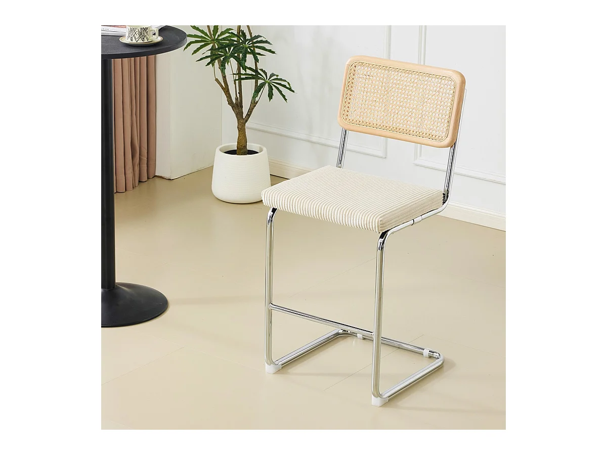 Lot de 2 tabourets de bar en cannage et velours côtelé beige - Muse
