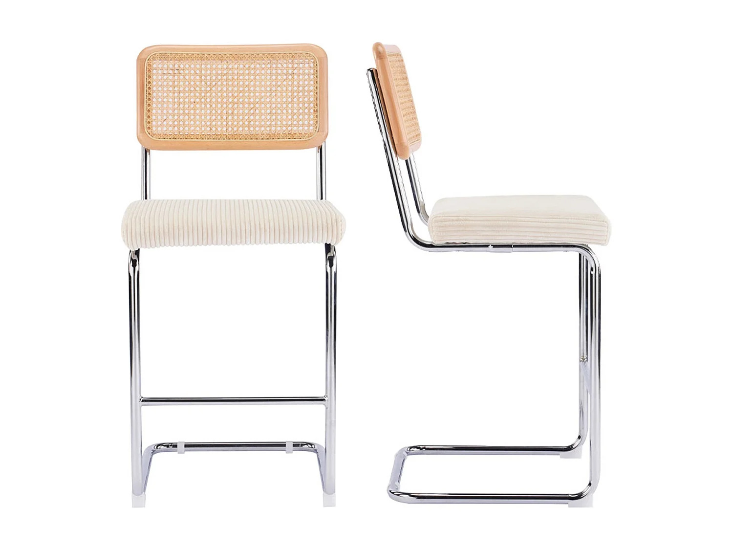 Lot de 2 tabourets de bar en cannage et velours côtelé beige - Muse