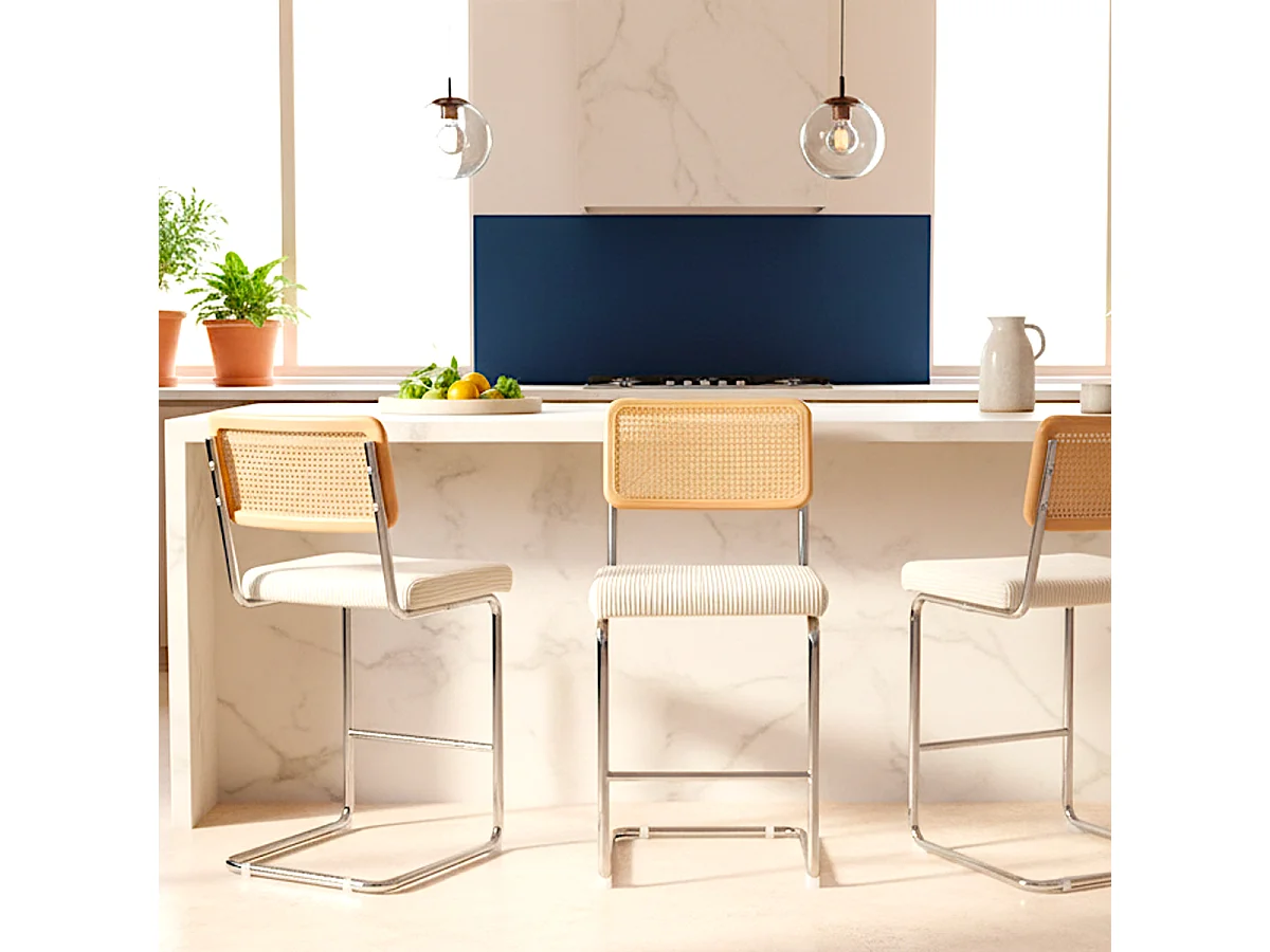 Lot de 2 tabourets de bar en cannage et velours côtelé beige - Muse