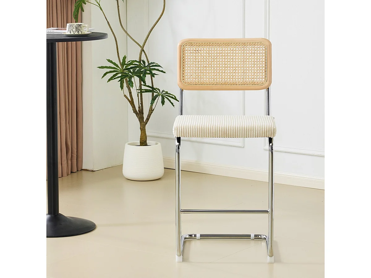 Lot de 2 tabourets de bar en cannage et velours côtelé beige - Muse