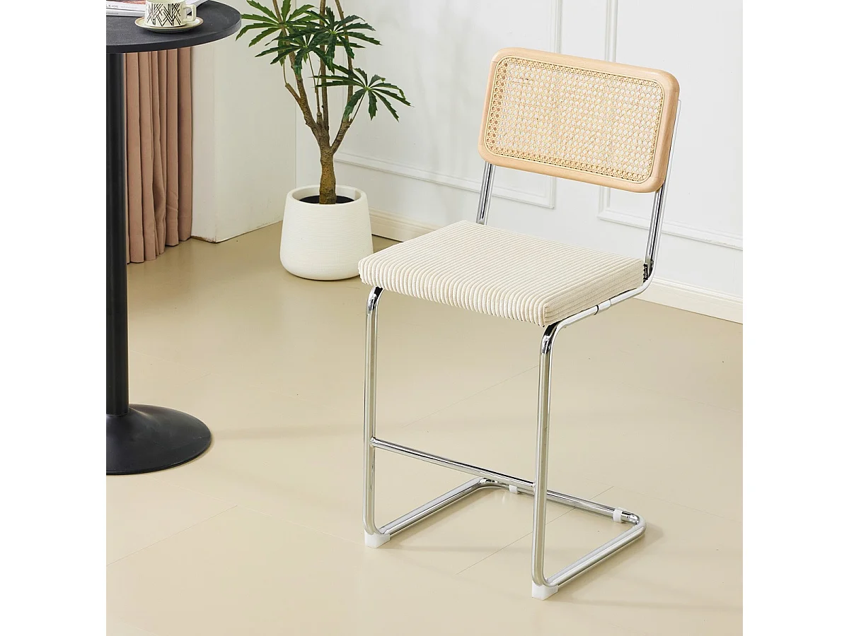 Lot de 2 tabourets de bar en cannage et velours côtelé beige - Muse