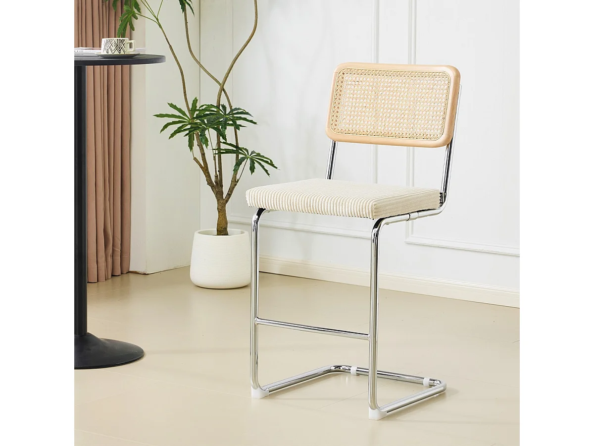 Lot de 2 tabourets de bar en cannage et velours côtelé beige - Muse