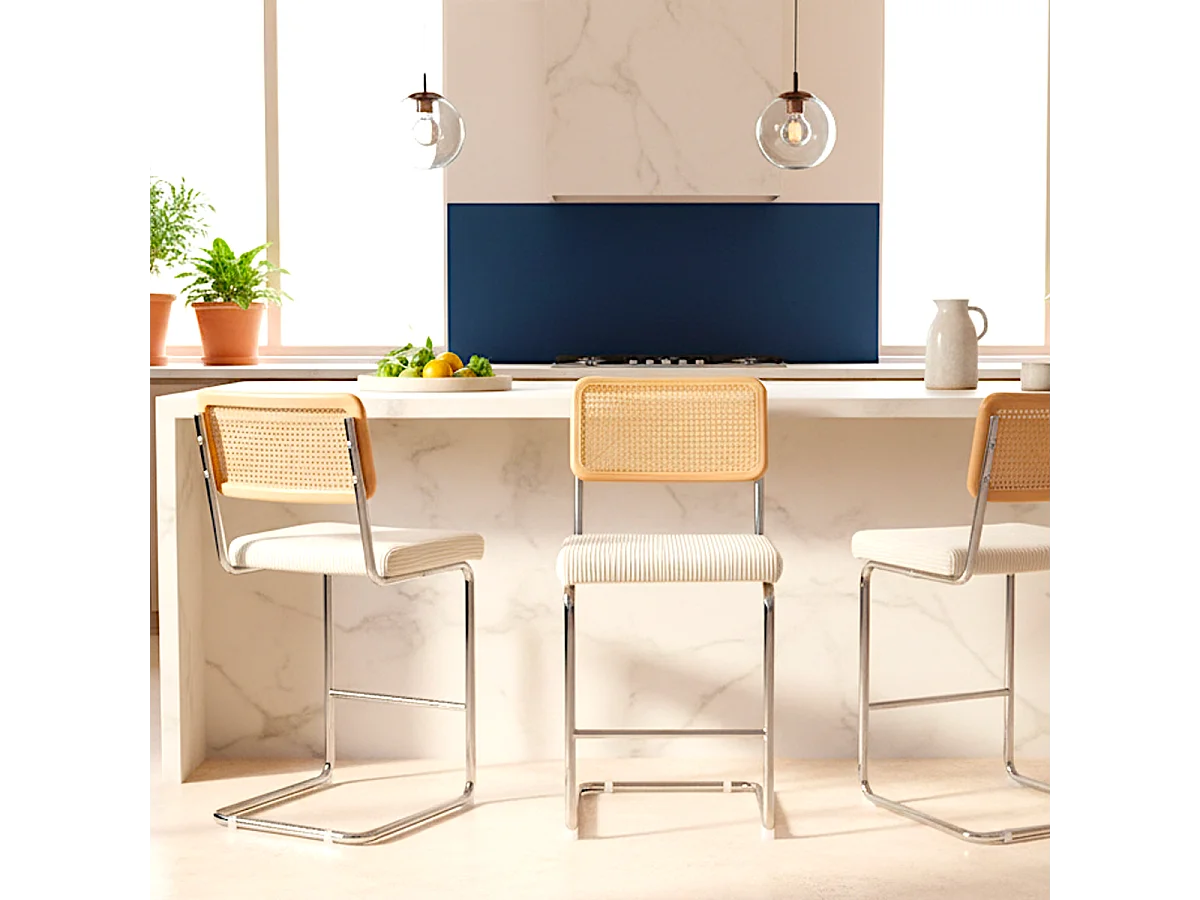 Lot de 2 tabourets de bar en cannage et velours côtelé beige - Muse