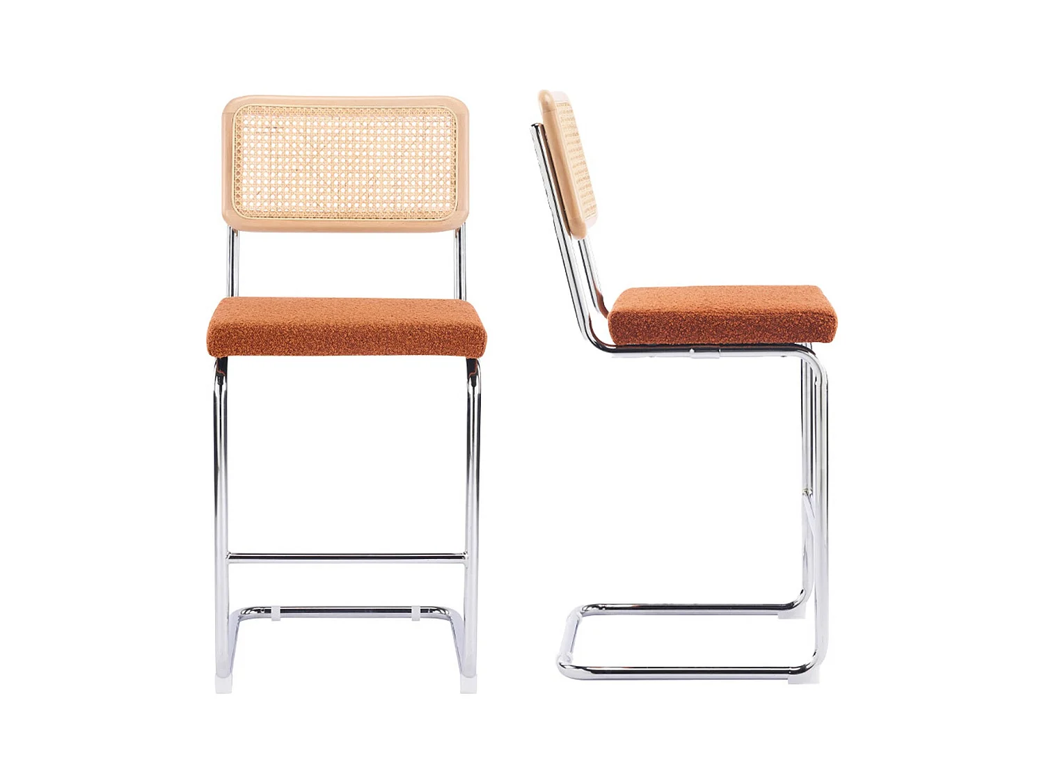 Lot de 2 tabourets de bar en cannage et tissu bouclé rouille - Muse