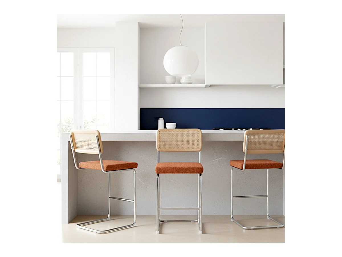 Lot de 2 tabourets de bar en cannage et tissu bouclé rouille - Muse