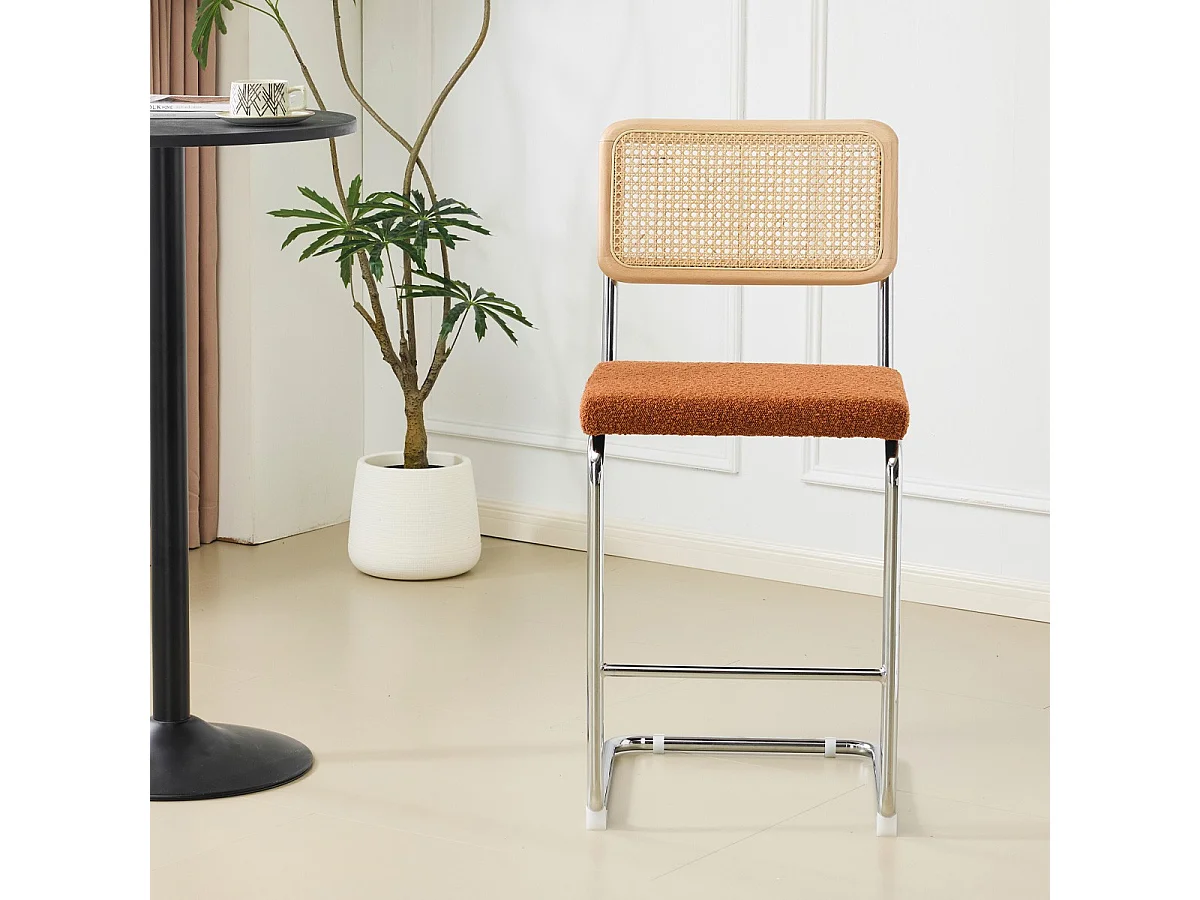 Lot de 2 tabourets de bar en cannage et tissu bouclé rouille - Muse