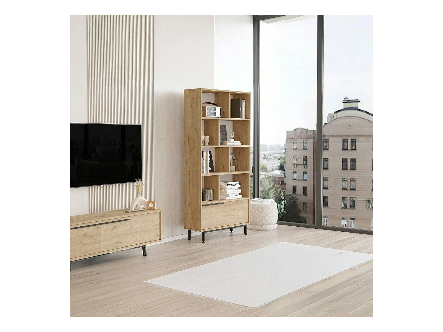 Bibliothèque ouverte effet bois avec rangement bas fermé JENA